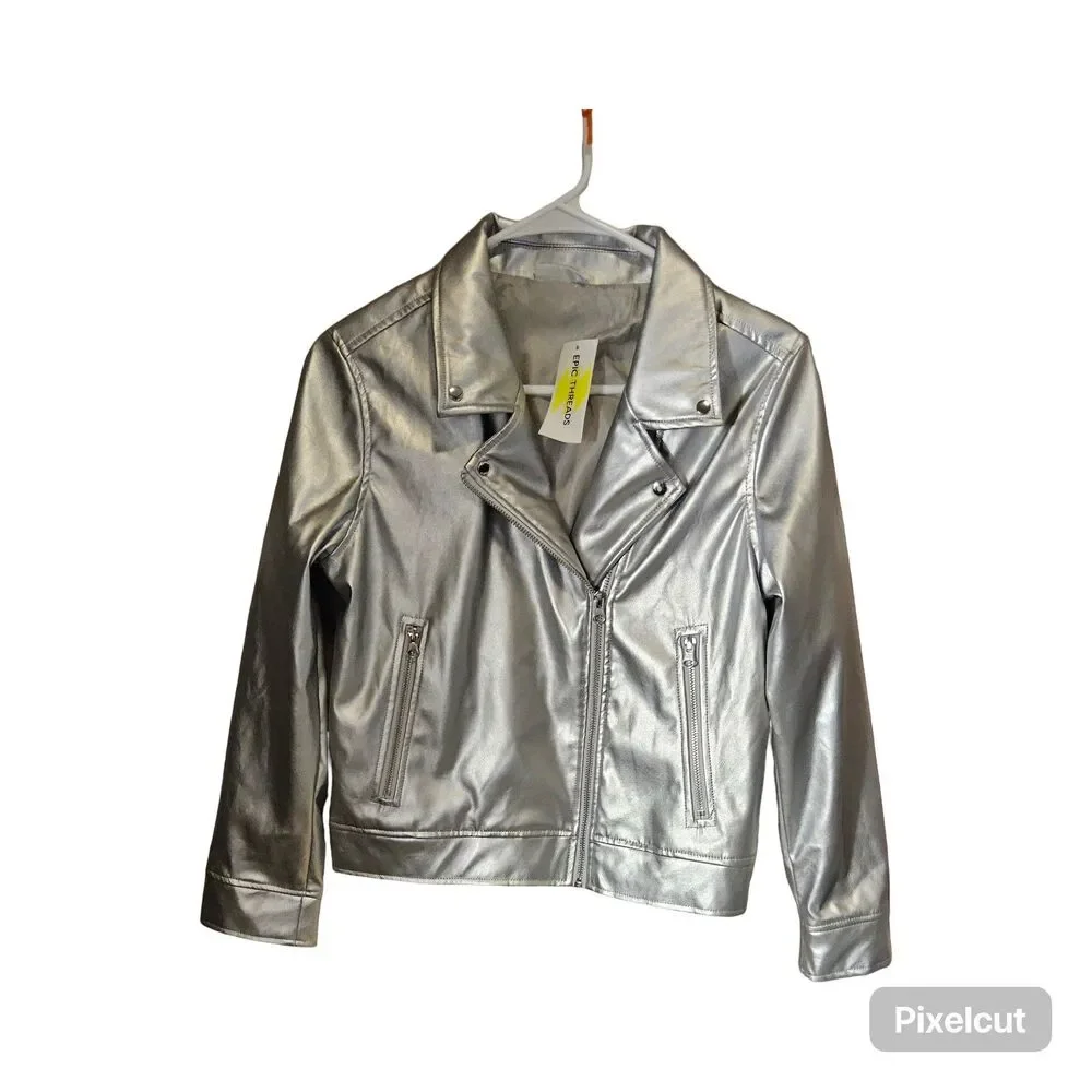 Epic Threads Girls Size 14/16 Faux Leather Silver Metallic Moto Jacket NWT